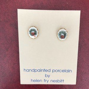 Hand Painted Porcelain Earrings 14KT Gold Filled Posts Helen Fry Nesbitt Wreath